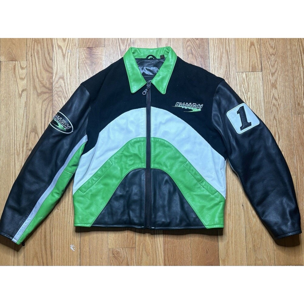 Vintage Kawasaki Racing Team Motorcycle Jacket Leather Men’s Large #1 Black